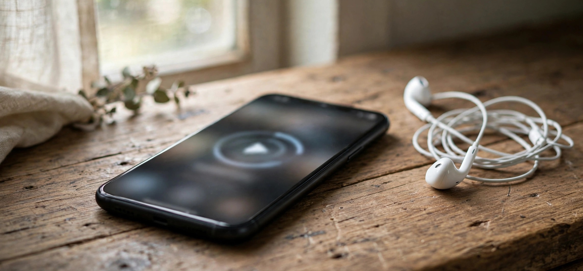 Smartphone on a desk showing how to download Instagram Reels without watermark, with earphones beside it in natural window light