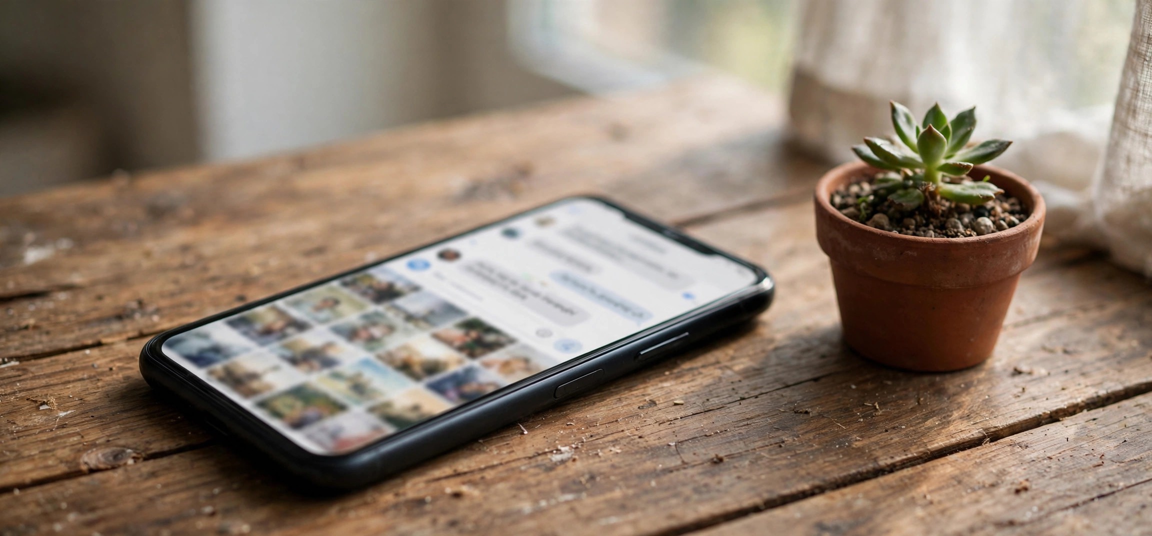 Smartphone showing WhatsApp chat and blurred photo gallery on a table — how to stop WhatsApp saving photos to gallery