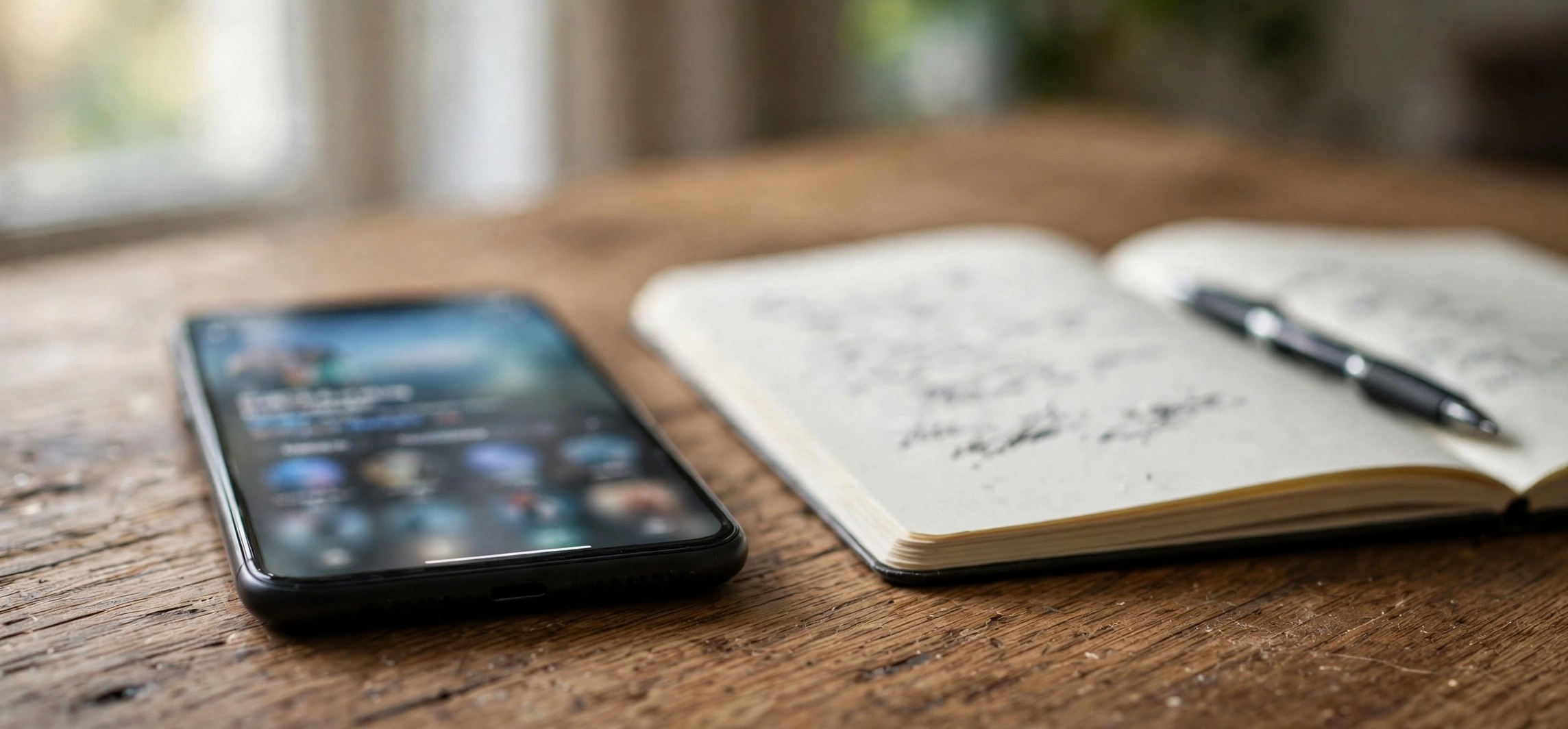 Smartphone showing a blurred Instagram profile screen on a wooden desk beside a notebook, illustrating who viewed my Instagram profile